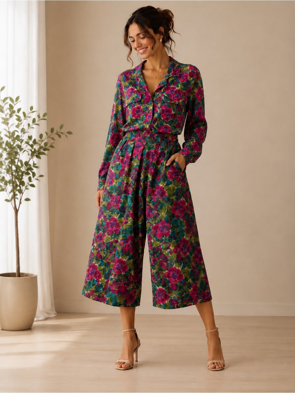 Vintage 100% Silk Floral Culotte Set Wide Leg Blouse S